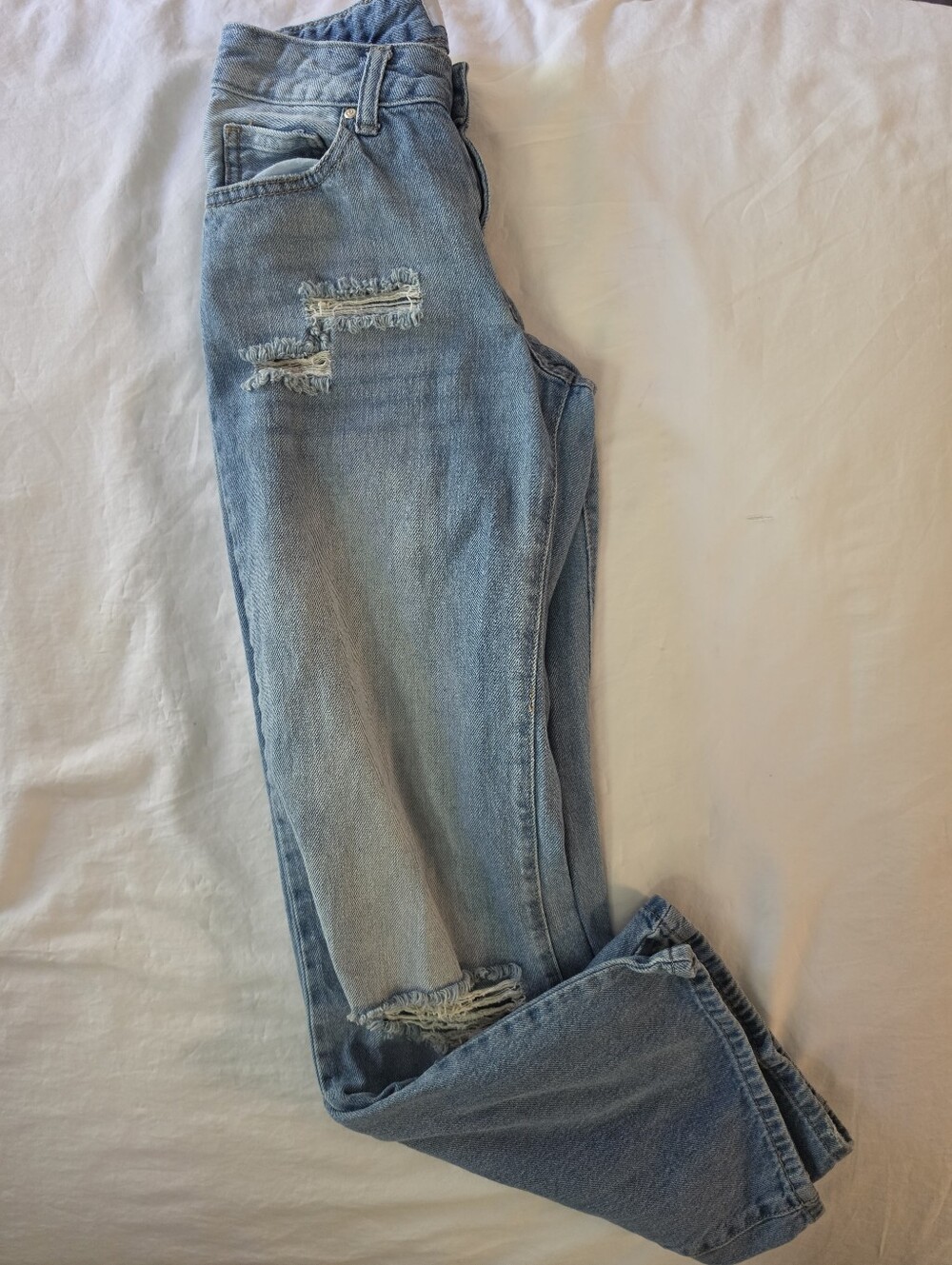TELEPATIA Distressed Straight Leg Jeans Size 00 High Rise Light Wash Denim